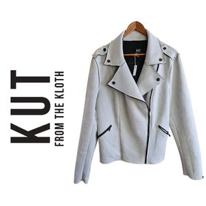 LNC Kut From The Cloth Faux Suede Moto Jacket in Stone